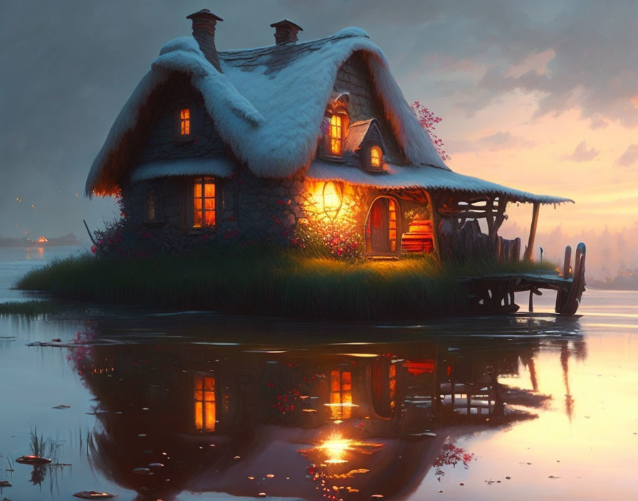 Quaint Thatched Cottage Reflecting on Tranquil Lake at Dusk