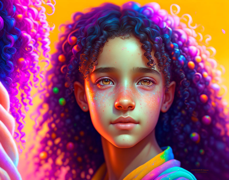 Colorful Portrait of Person with Curly Hair and Freckles