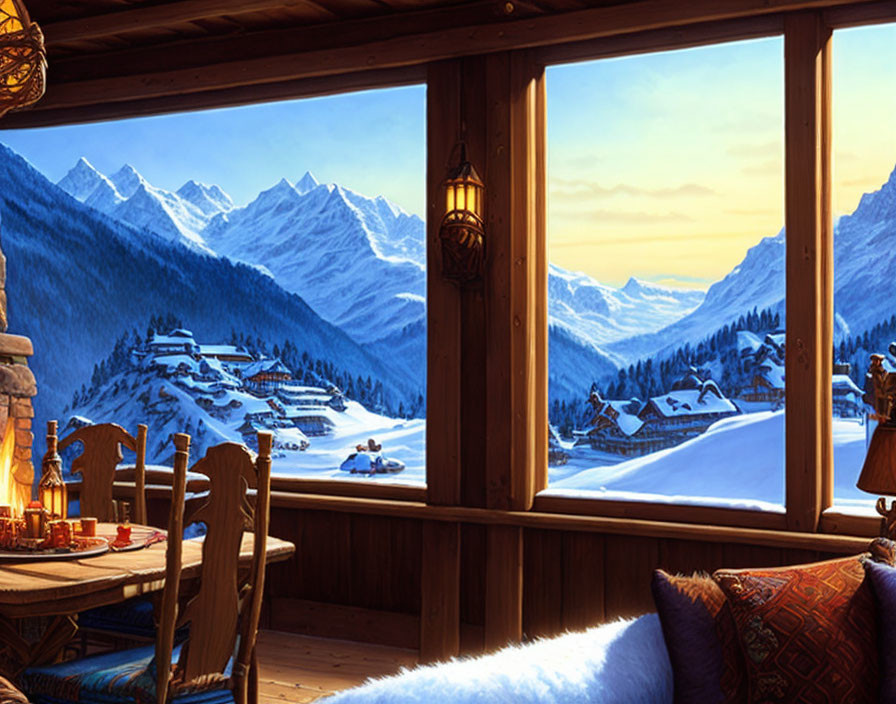 Twilight view from cozy wooden cabin of snowy alpine village