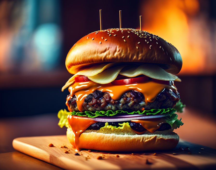 Double Cheeseburger with Lettuce, Tomato, Cheese, and Sauce on Wooden Board