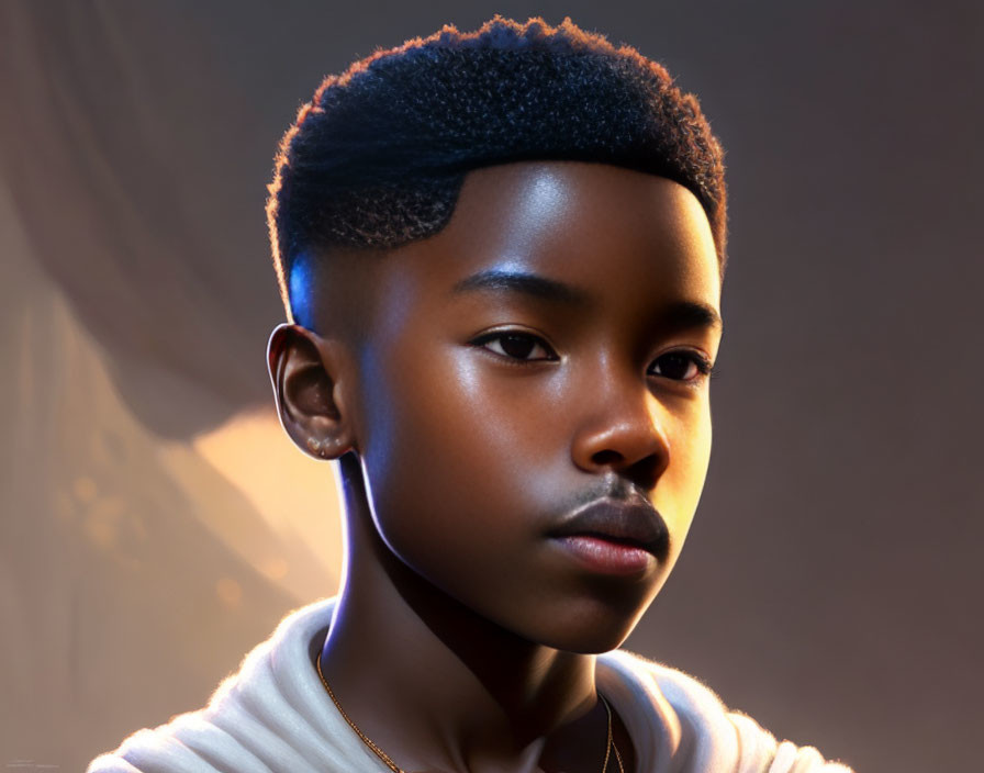 Portrait of a young person with stylized haircut and subtle facial hair in golden light