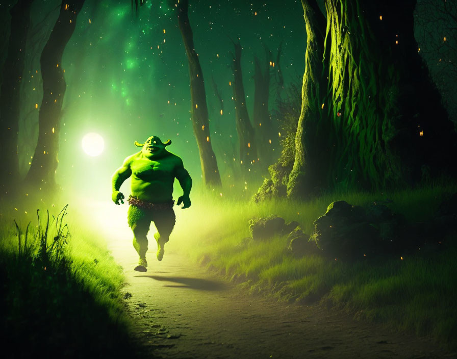 Enchanted forest scene with animated ogre and luminescent lights