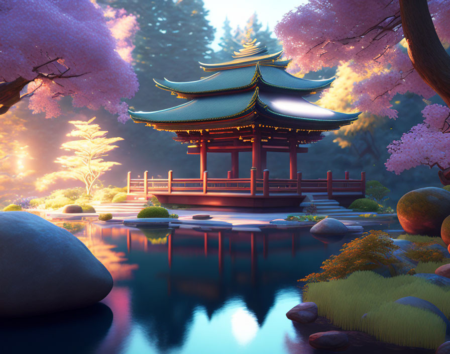 Traditional Japanese pagoda in serene cherry blossom setting at dusk