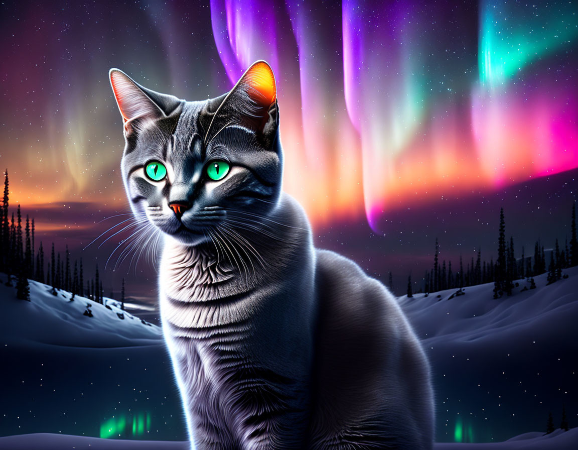 Large grey cat with blue eyes under Northern Lights sky in snowy landscape