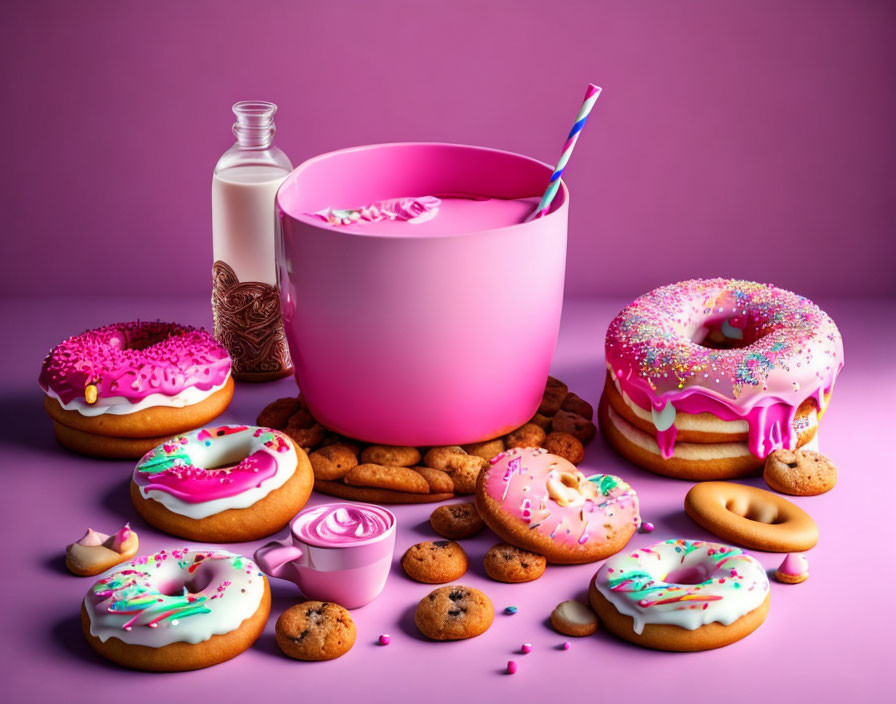 Assortment of colorful sweets on purple background