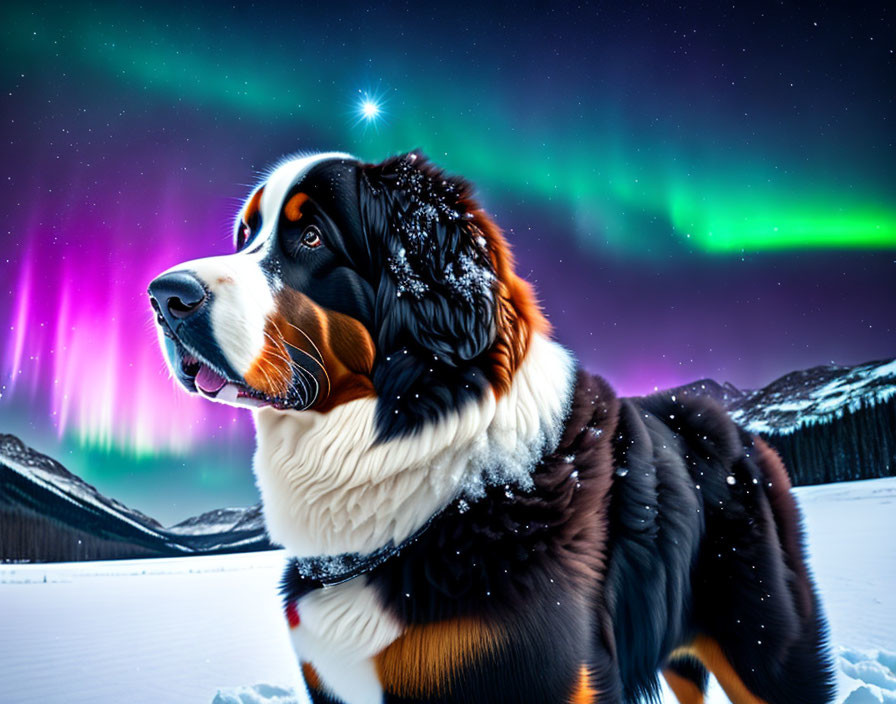 Bernese Mountain Dog in snowy landscape under vibrant aurora borealis