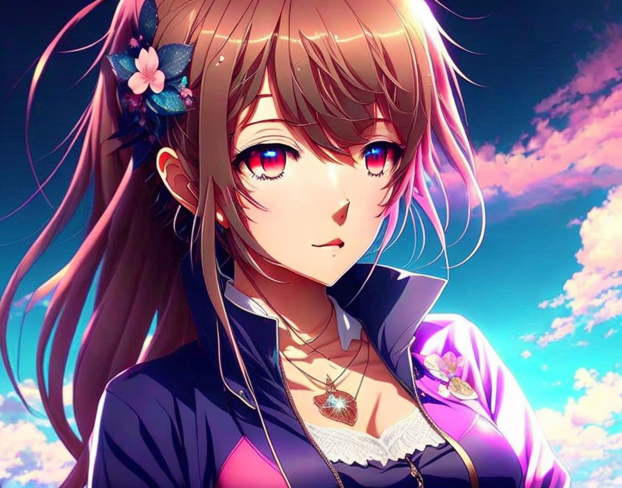 Brown-Haired Anime Character in Blue Jacket and Necklace on Pink and Blue Sky Background