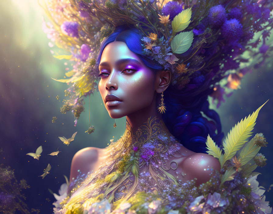 Digital Artwork: Woman with Flowers and Butterflies in Mystical Purple Hues