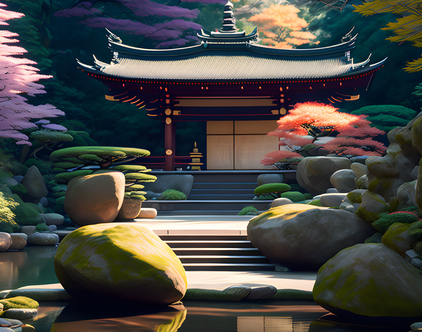 Japanese garden with traditional gate, cherry blossoms, and twilight ambiance