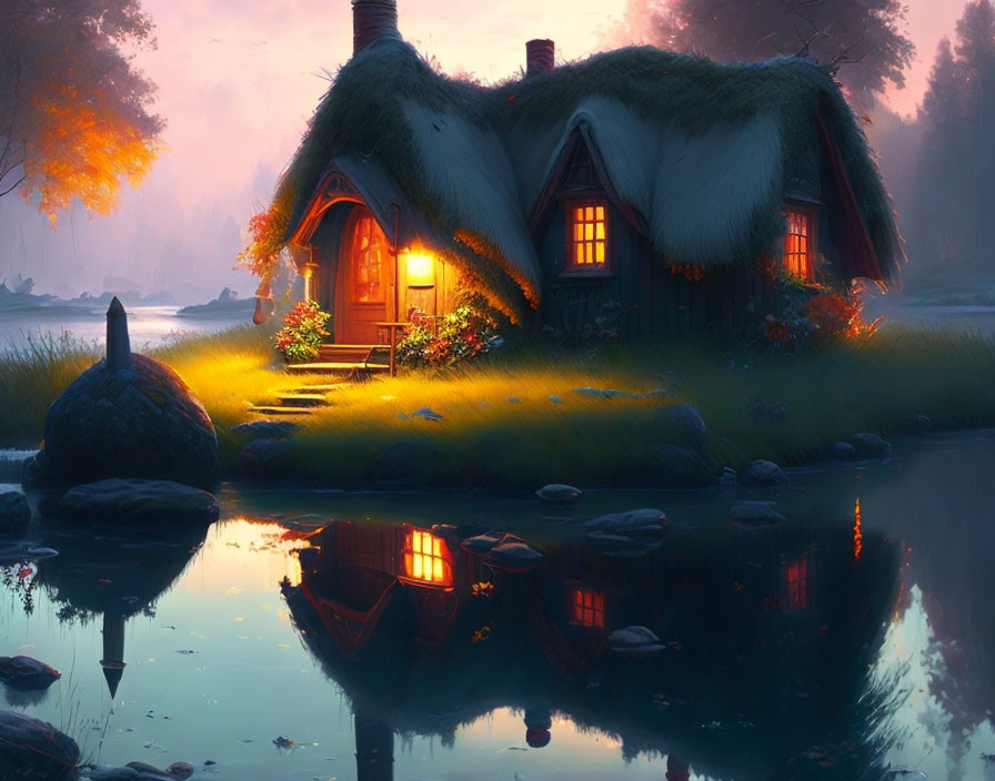 Thatched Cottage on Riverbank at Dusk surrounded by Greenery