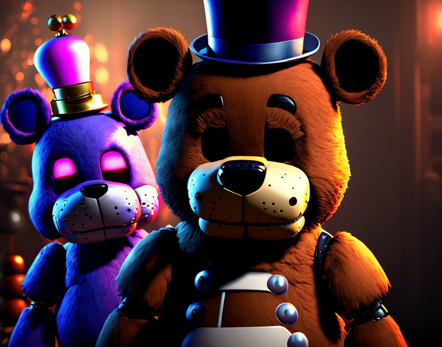 Two anthropomorphic bears with top hats in dimly lit setting