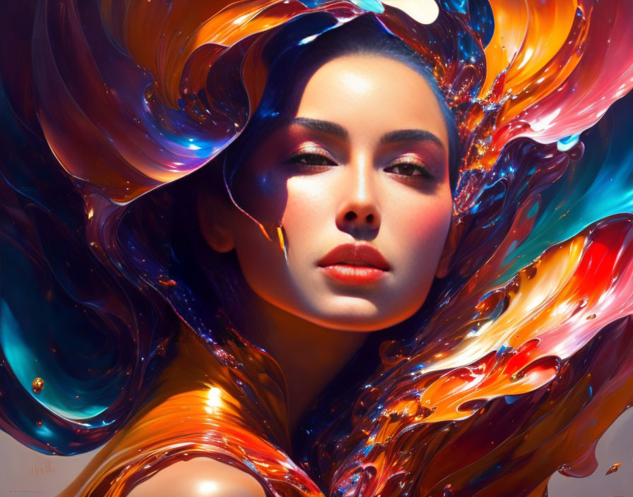 Vibrant swirling colors depict woman with liquid hair.