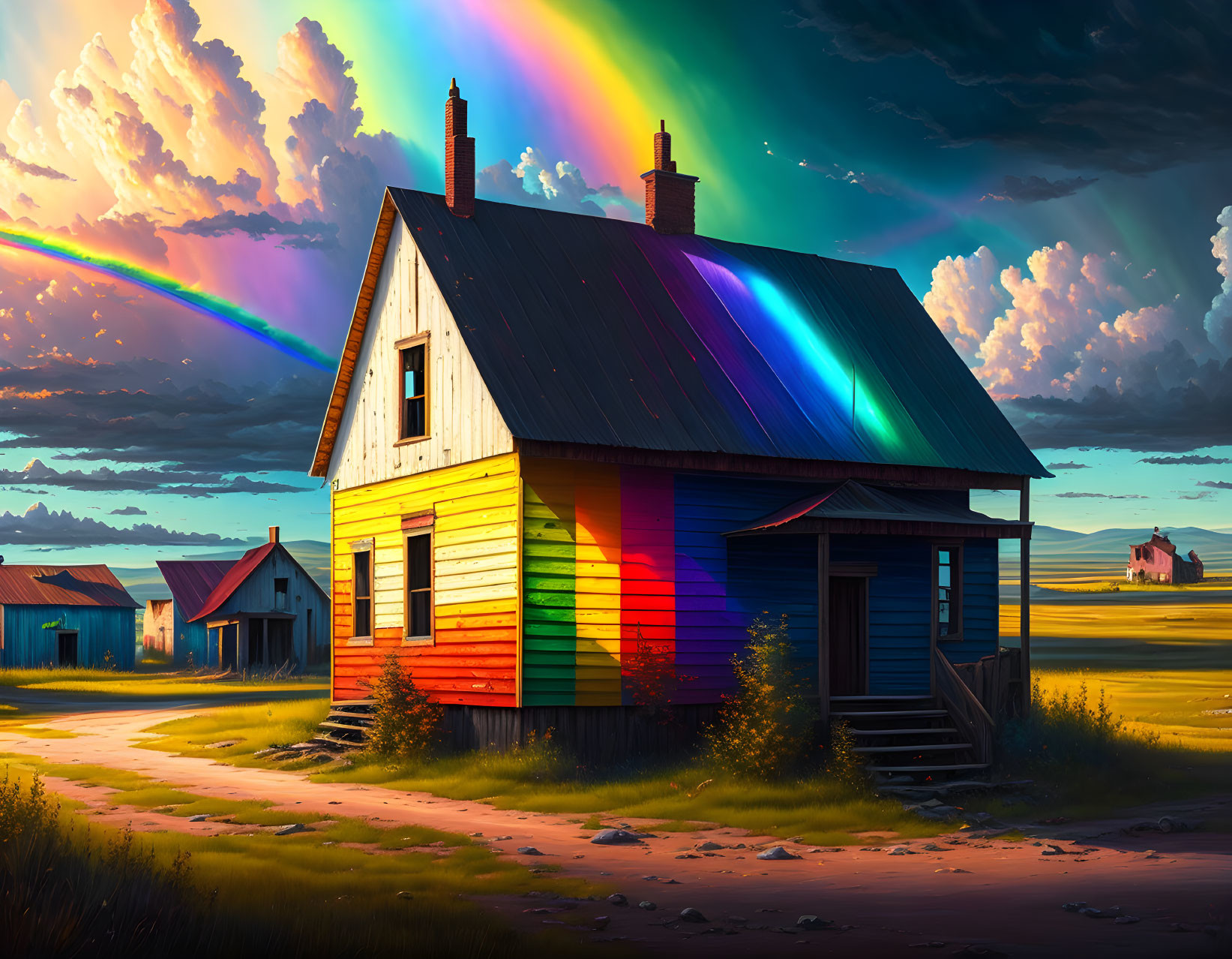 Vibrant rainbow-painted house under colorful sunset sky