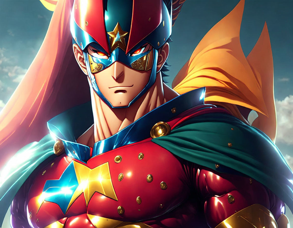 Animated superhero with red helmet, gold star emblem, blue mask, green cape, and armored suit against