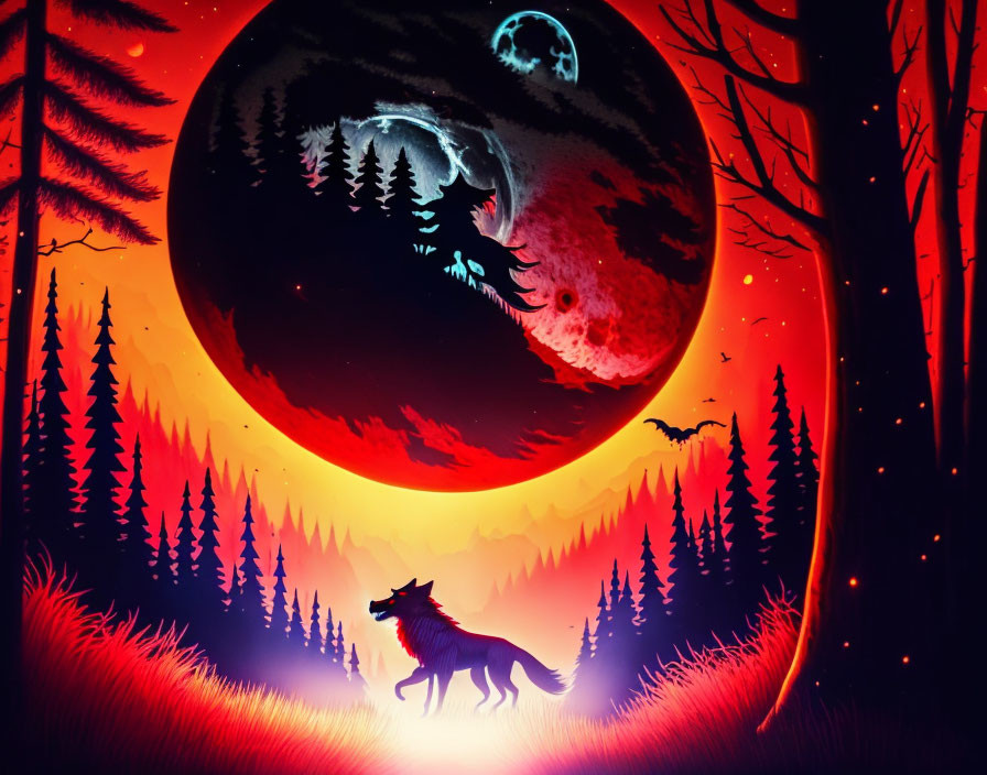 Red and Orange Sky with Giant Moon and Wolf Silhouette on Hill