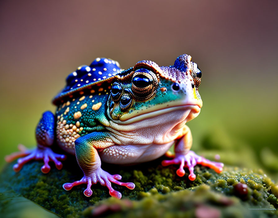 Colorful Frog with Blue Legs and Orange Underbelly on Mossy Surface