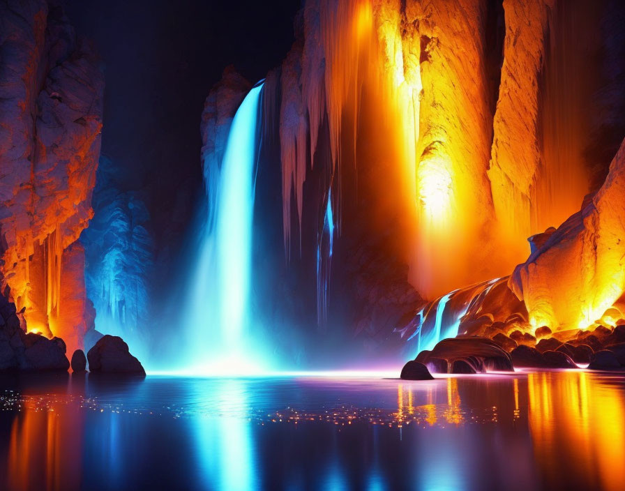 Glowing waterfall in luminescent cave with orange walls