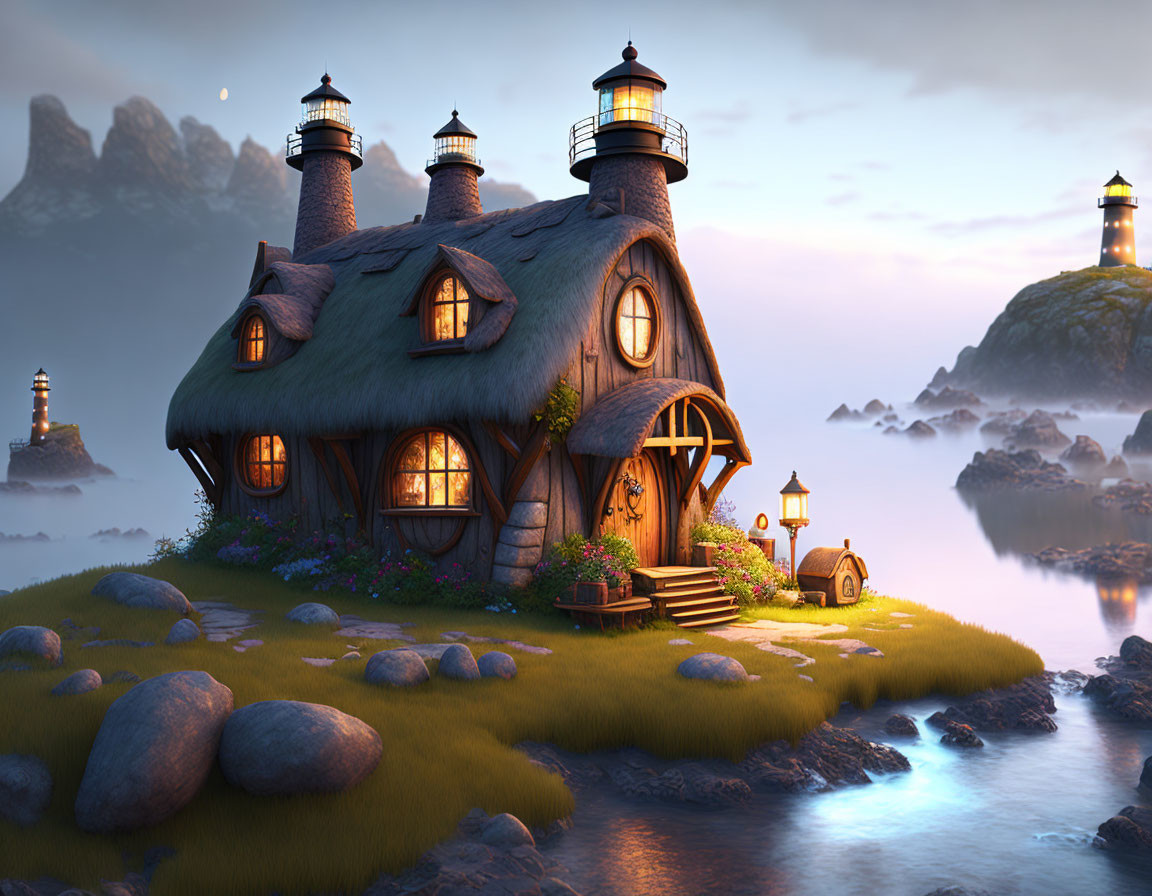 Thatched-Roof Cottage Surrounded by Misty Waters and Lighthouses