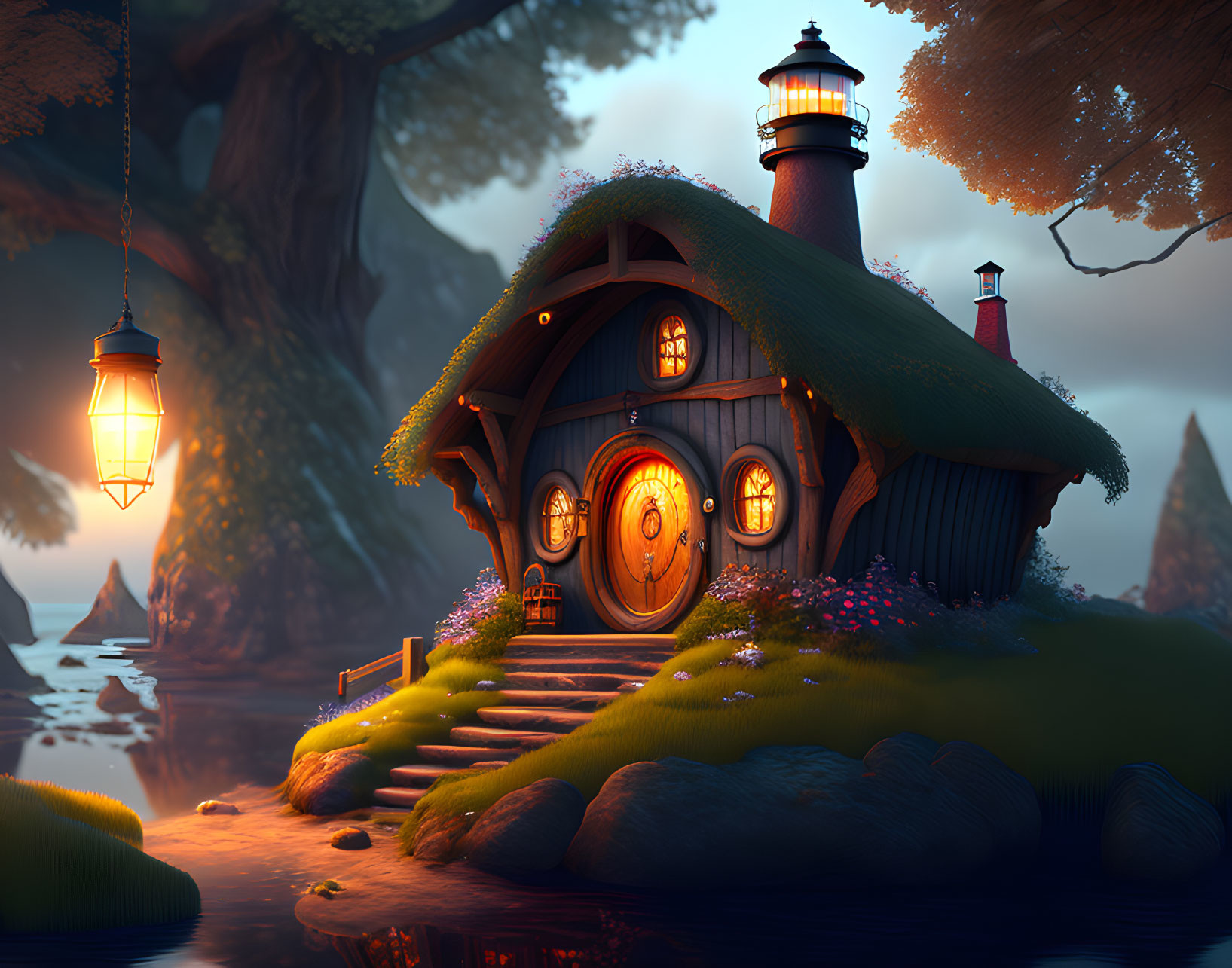 Cozy fantasy cottage with lighthouse by serene lake at twilight