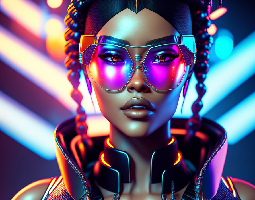 Futuristic woman in neon glasses and cybernetic suit against vibrant backdrop