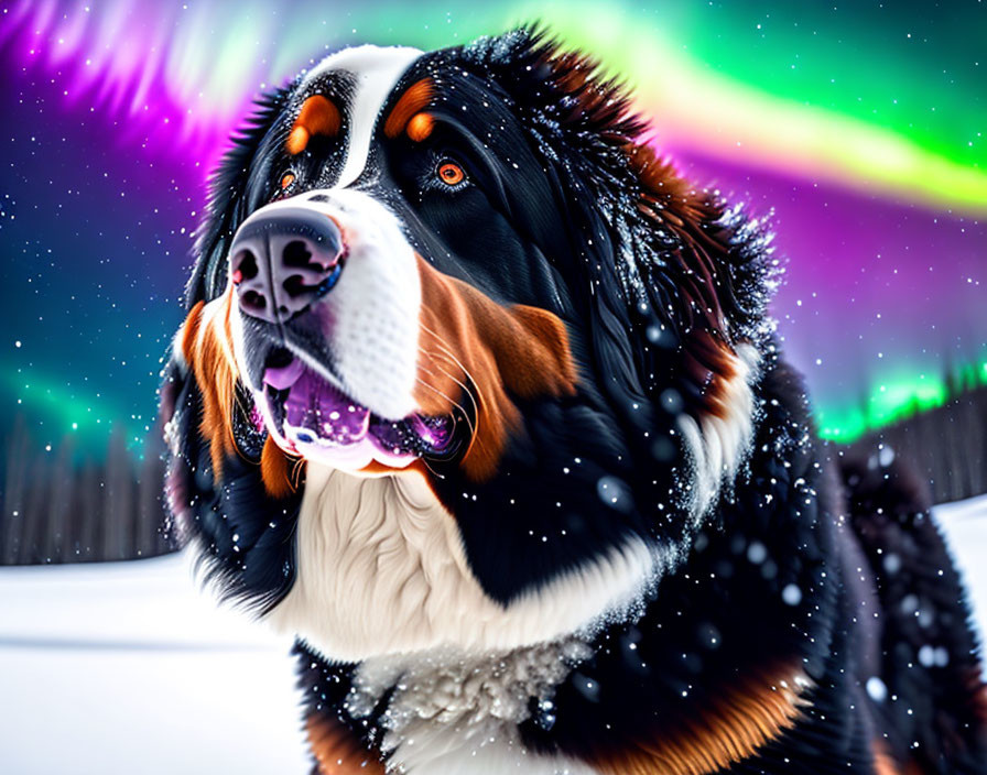 Playful Bernese Mountain Dog in Snowflakes and Aurora Borealis