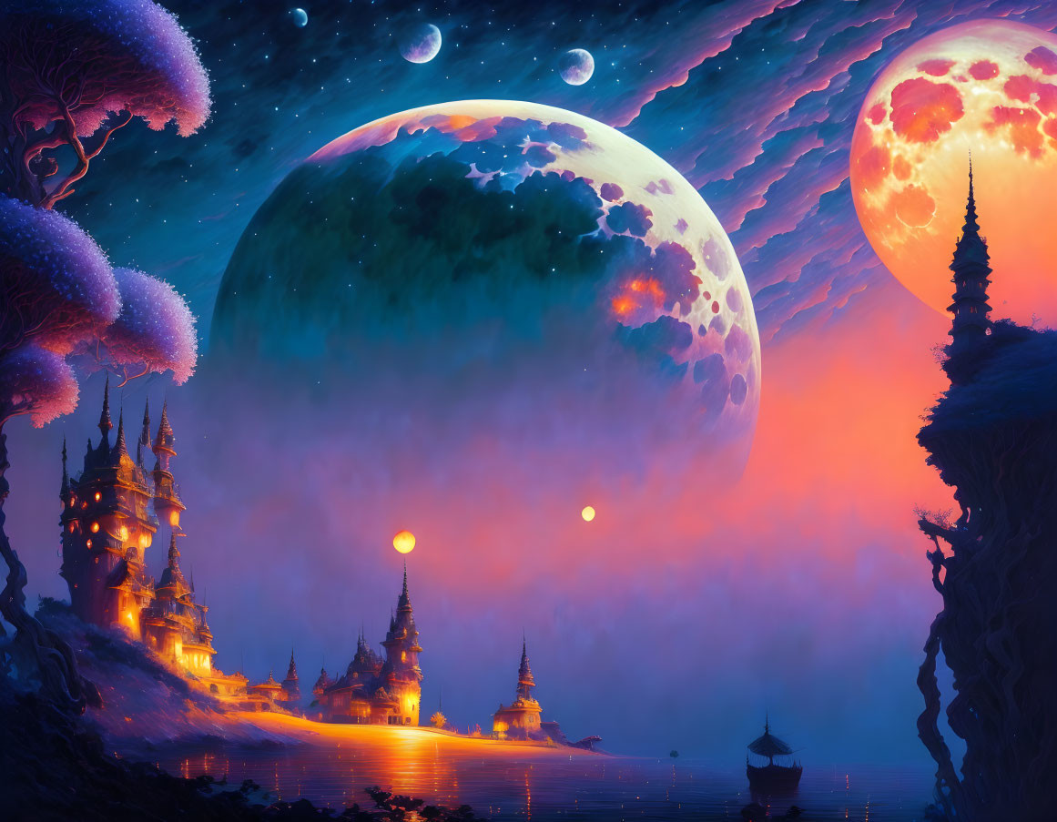 Fantasy landscape with illuminated castles, oversized moons, boat sailing at twilight