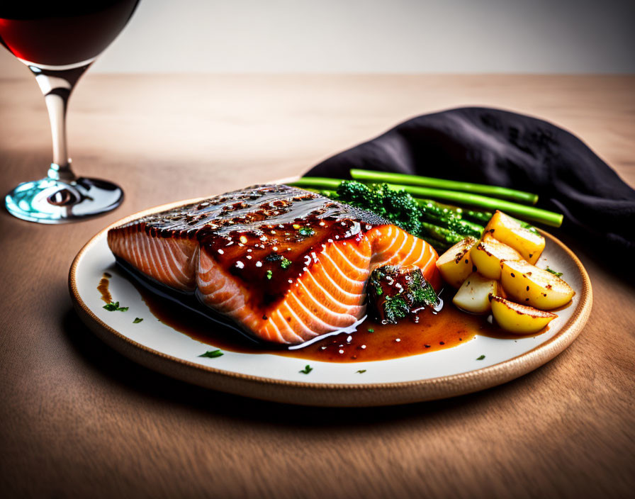 Grilled Salmon Plate with Asparagus, Potatoes, and Red Wine