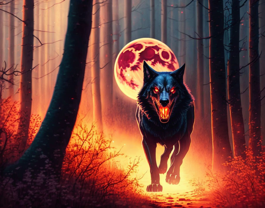 Menacing black wolf with glowing eyes in dark forest under red moon