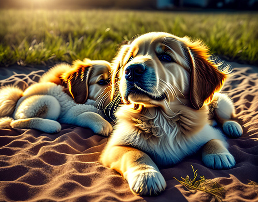 Two Golden Retriever Dogs Relaxing Outdoors in Golden Hour Sunlight