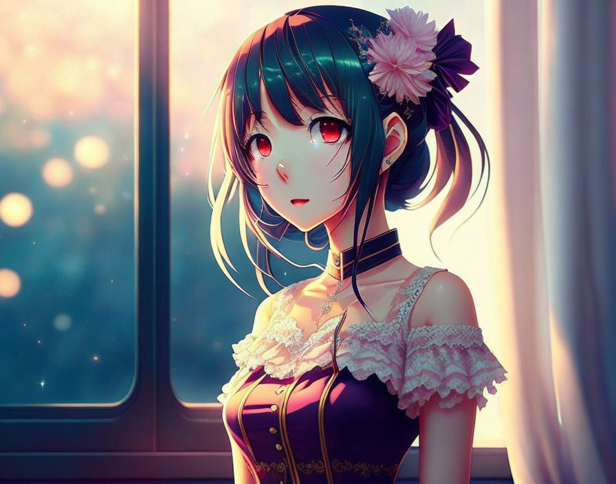 Teal-Haired Girl in Victorian Dress by Window