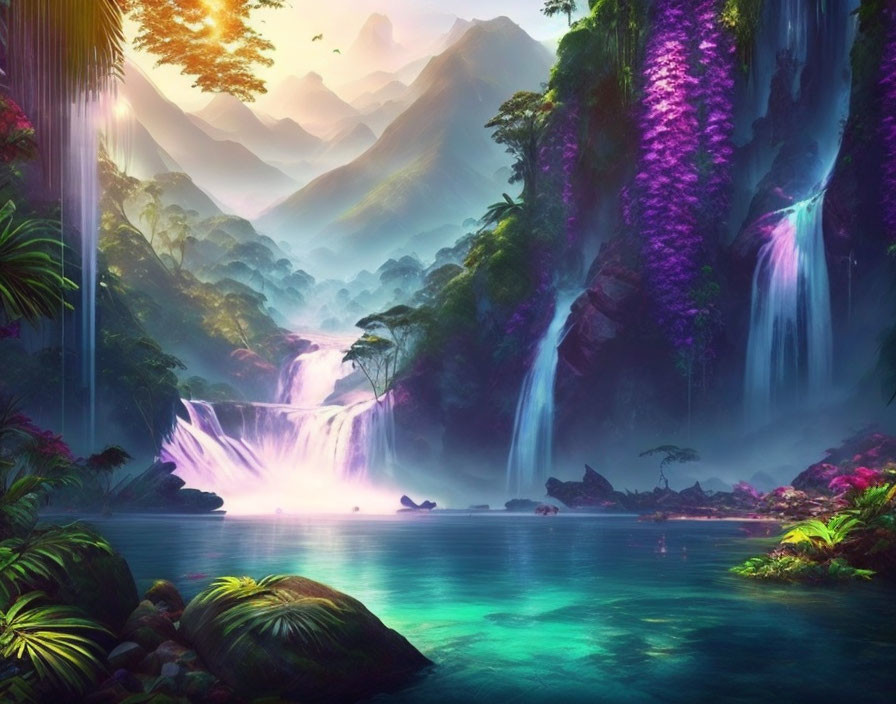 Tropical landscape with waterfalls, vibrant flora, river, mountains