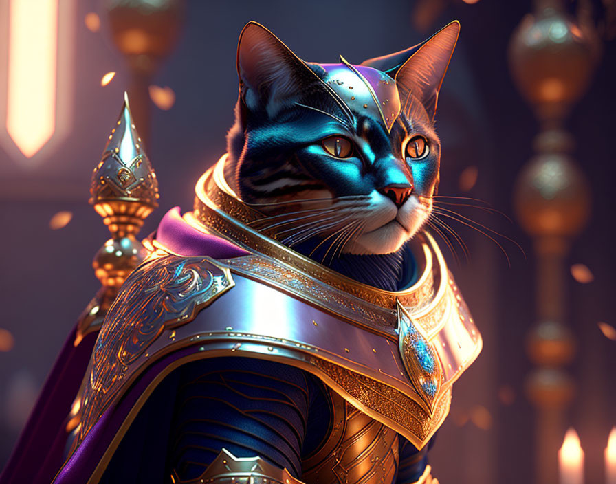 Regal cat in medieval armor with cloak and helmet in golden palace setting