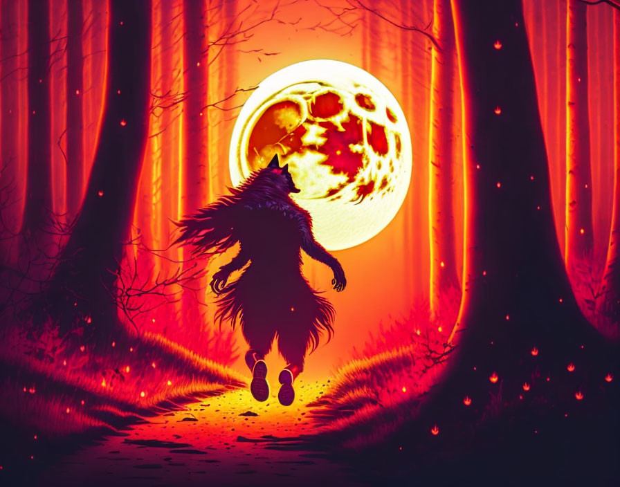 Silhouette of wolf in red forest under full moon