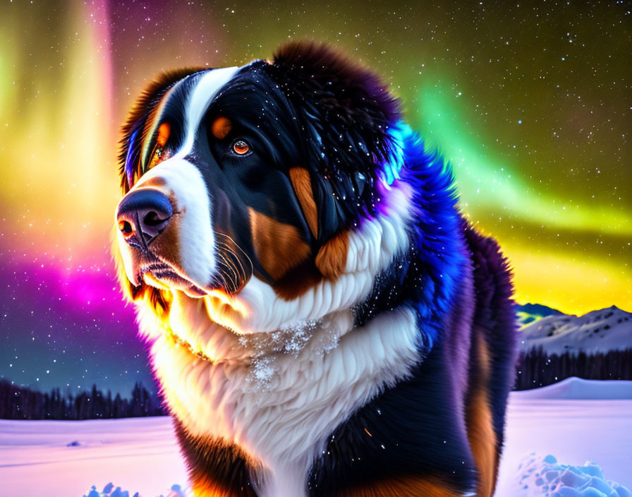 Bernese Mountain Dog in colorful aurora night sky with snow-covered fur