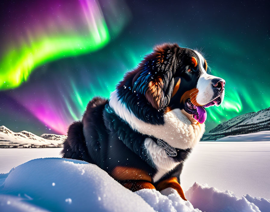 Bernese Mountain Dog in snow under green auroras