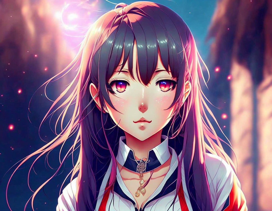 Anime girl with long black hair and pink eyes in digital art.