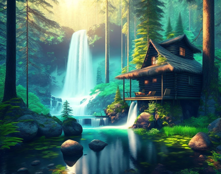 Tranquil digital art: wooden cabin, waterfall, lush forest, sunlight.