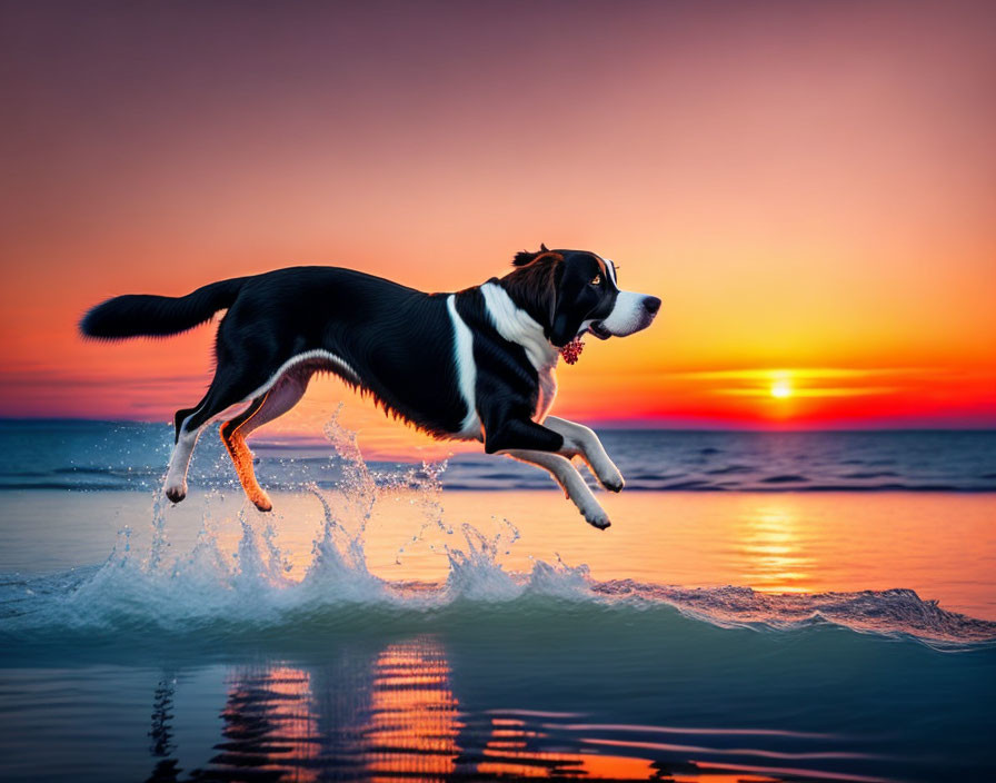 Dog leaping over water on beach at sunset