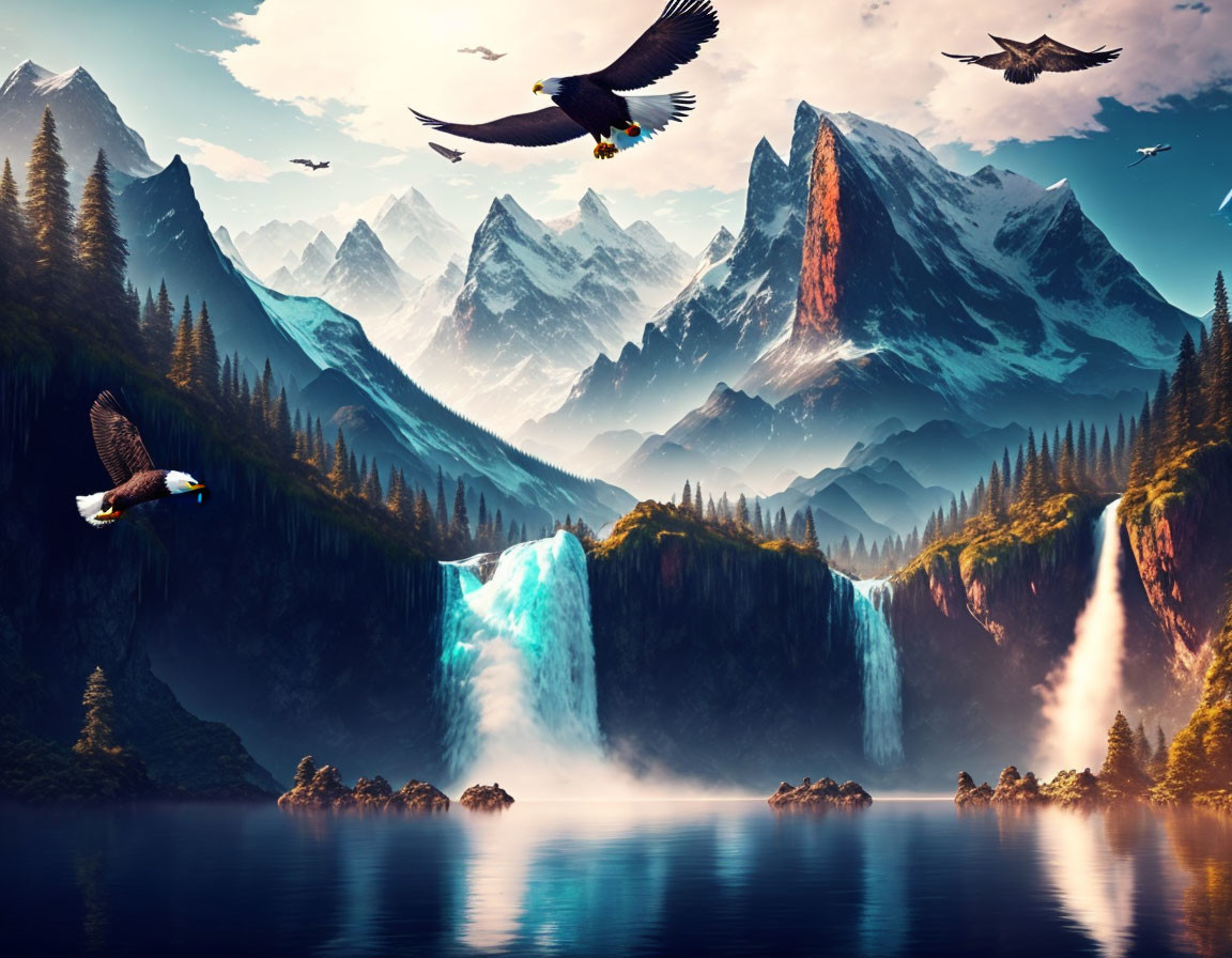 Majestic mountain landscape with twin waterfalls, serene lake, eagles, vibrant sky at dawn