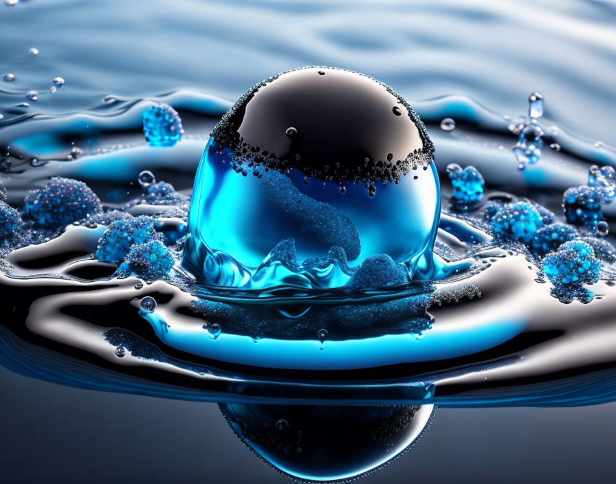 Surreal black and blue sphere with smaller encapsulated sphere in water splash.