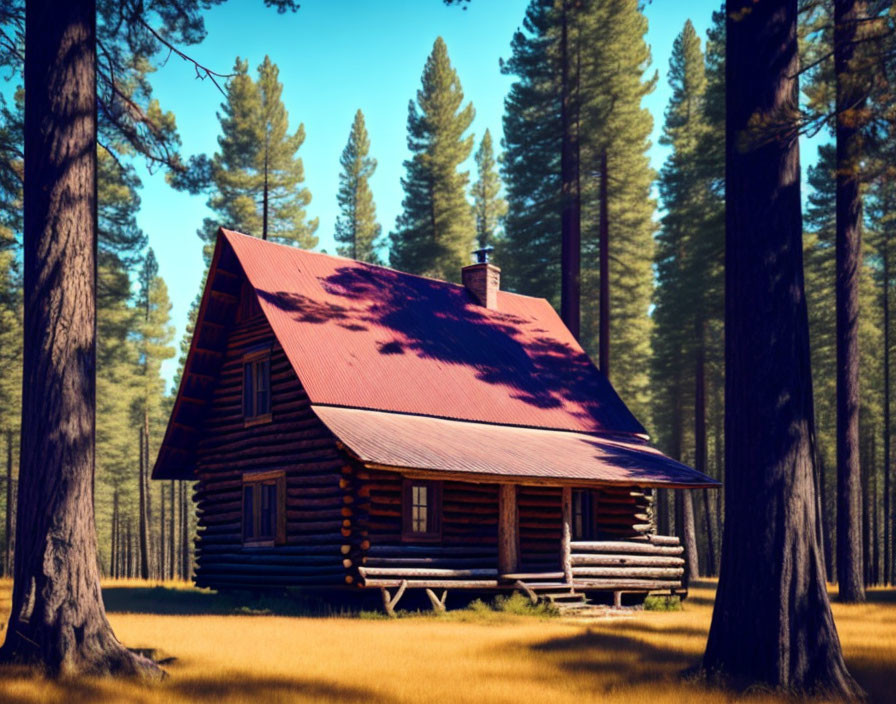 Rustic log cabin in pine forest with sunlight and shadows