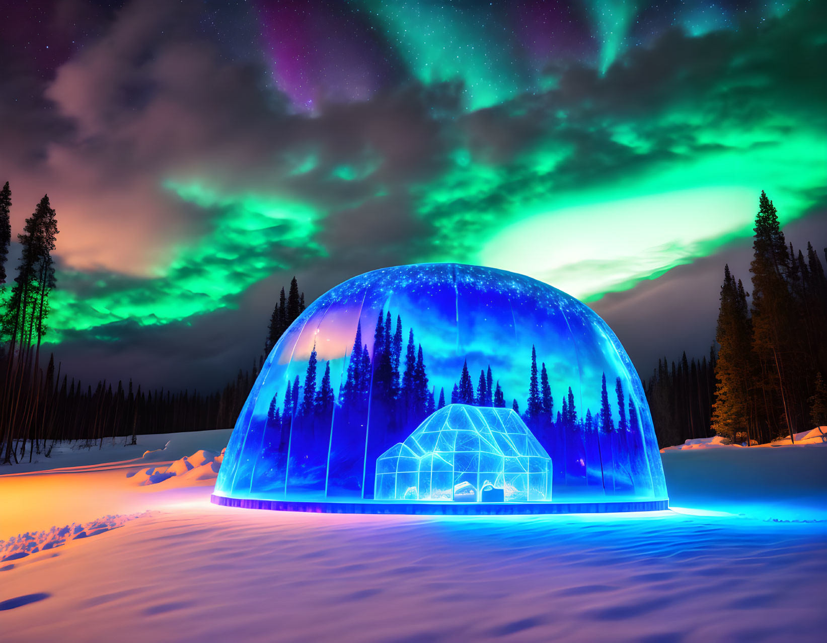 Transparent Dome Glows Under Aurora Borealis in Snowy Night Landscape