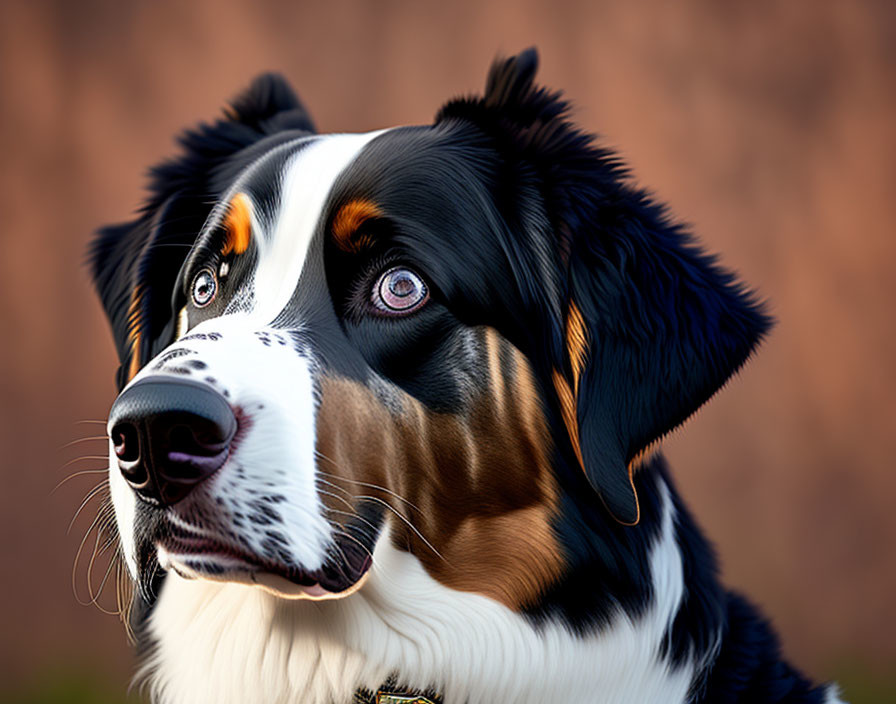 Tri-colored Australian Shepherd dog with sharp gaze in close-up view