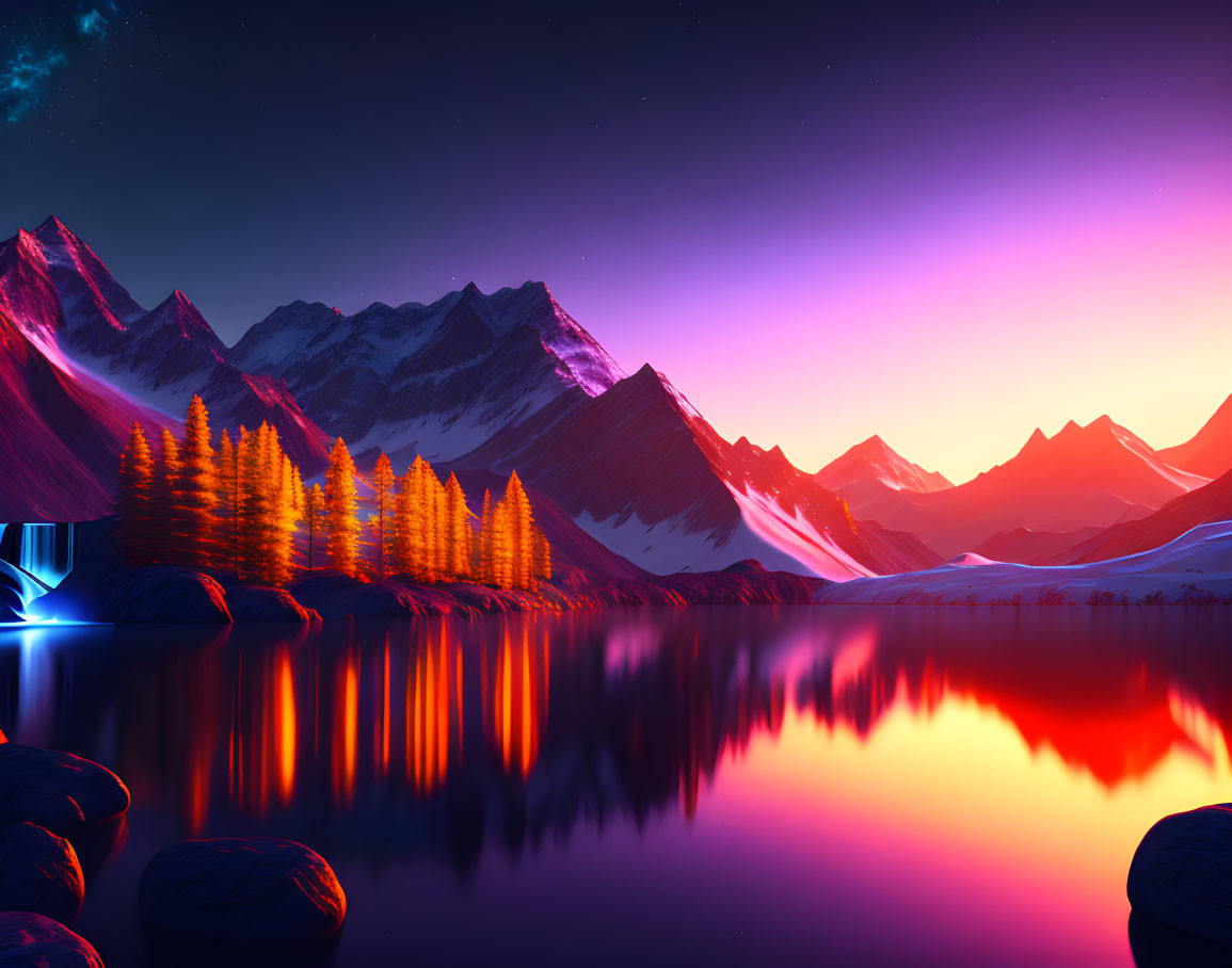 Digital artwork of serene lake, orange trees, sharp mountains under twilight sky.