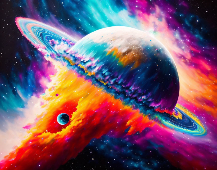 Colorful cosmic scene with planet, rings, and nebula