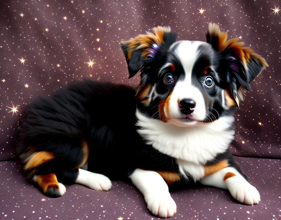 Tri-Colored Australian Shepherd Puppy with Bright Blue Eyes on Purple Starry Background