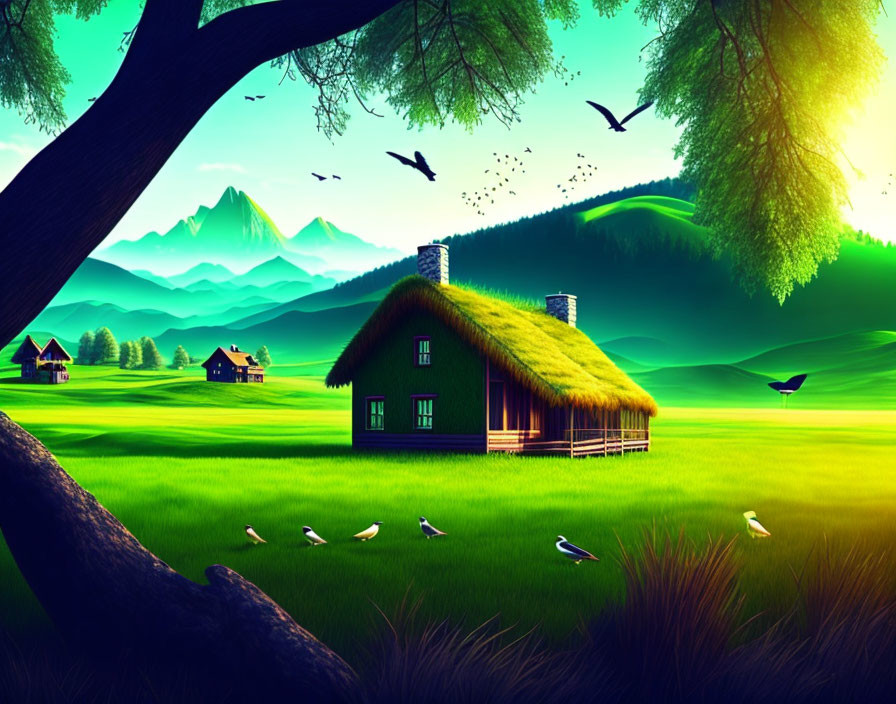 Scenic landscape with thatched-roof cottage, green fields, birds, and mountains