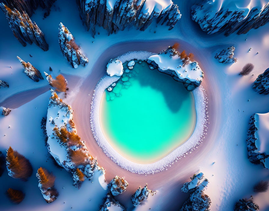 Snow-covered landscape with turquoise geothermal pool and rocky cliffs