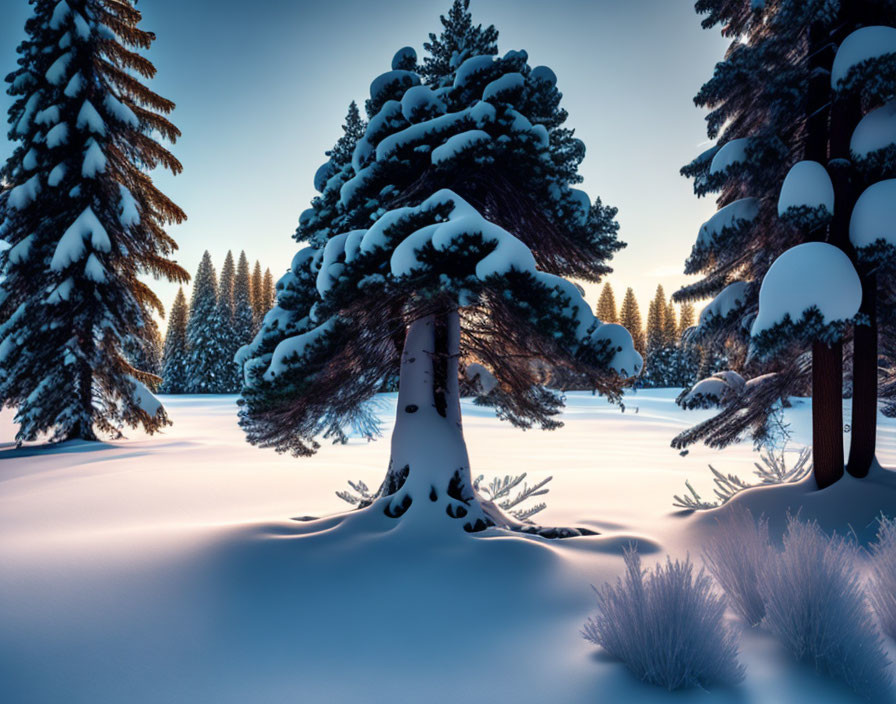 Tranquil snow-covered pine trees in a blue-tinted winter dusk