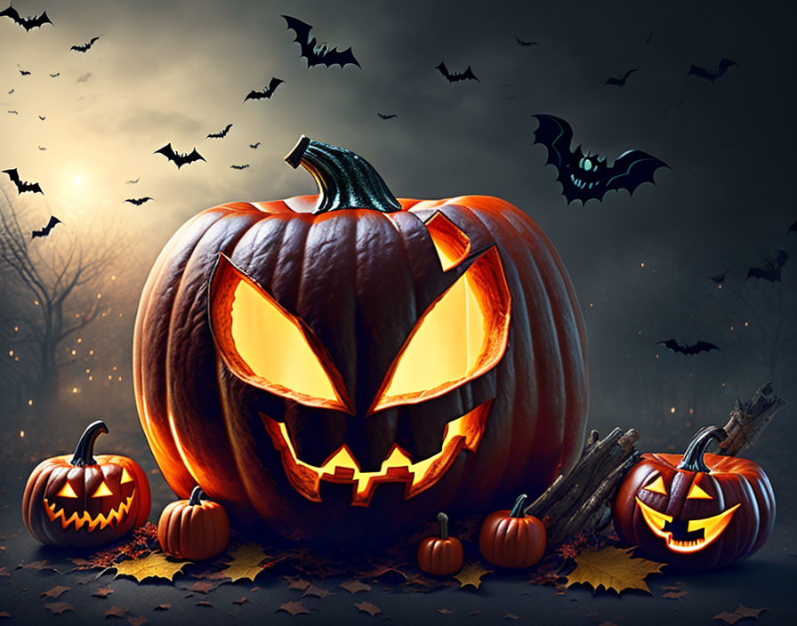 Spooky Halloween scene with glowing jack-o'-lantern, bats, and full moon